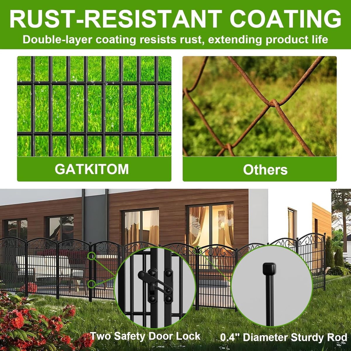 12 Panels No Dig Decorative Garden Fence with Gate, 31.3in(H) x 26ft(L) Rustproof Animal Barrier Metal Dog Fence
