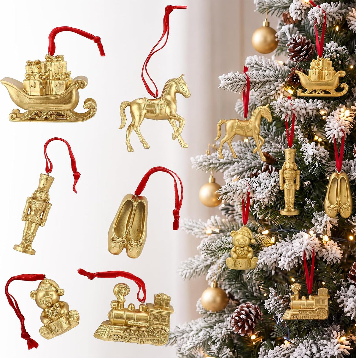 6 Pcs Vintage Gold Christmas Ornaments for Tree, Retro Toy Decor