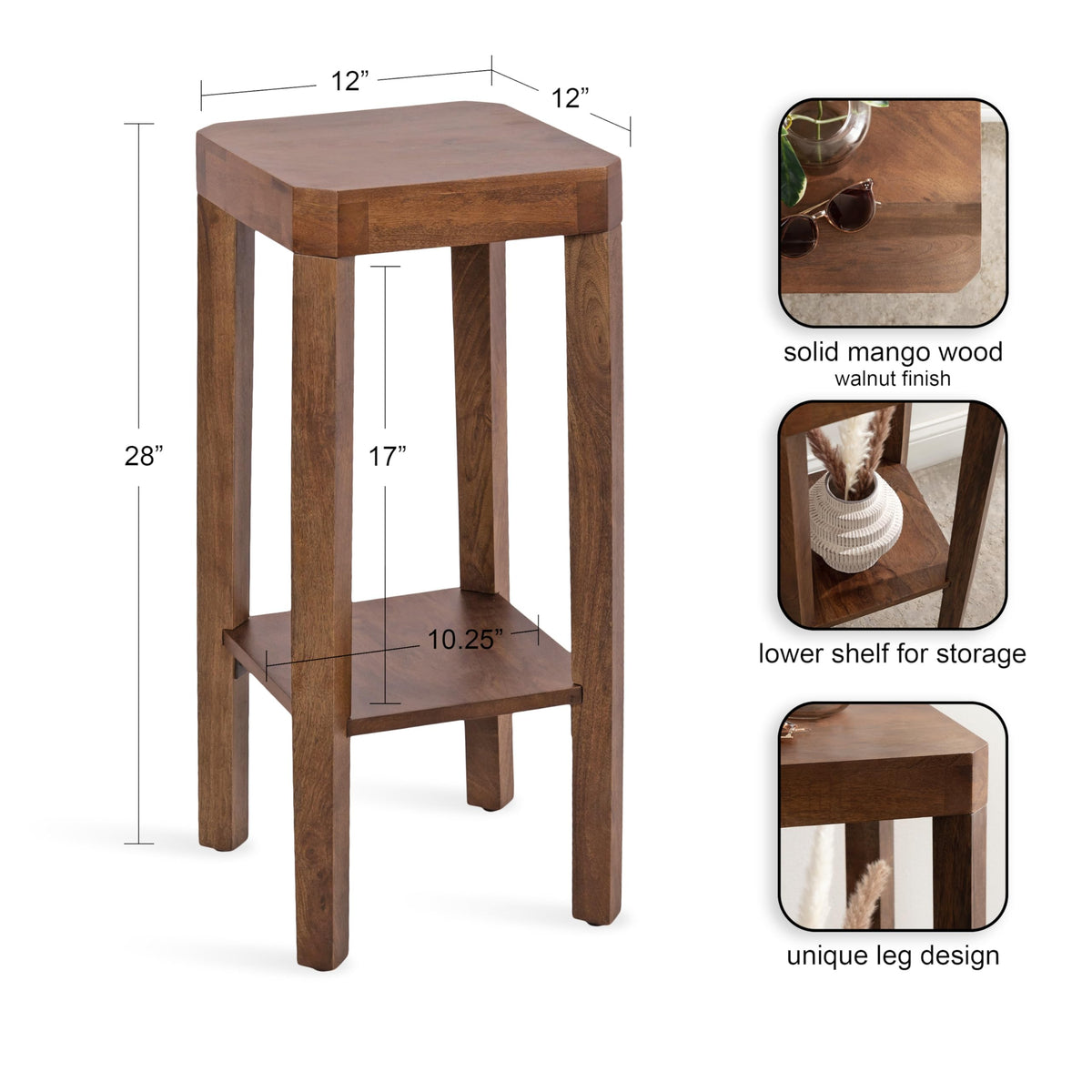 Inspired Saarinen Style Talcott Modern Square Wood Drink Table, 12 x 12 x 28, Walnut Brown, Transitional Decorative Two-Tier Pedestal Table