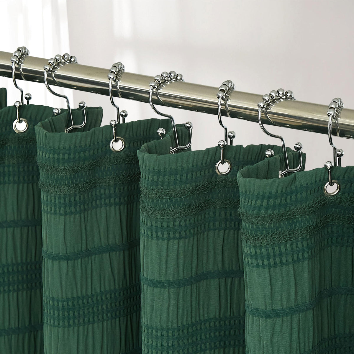 Extra Long Dark Green Boho Shower Curtain 72 x84 Cotton Blend Tufted Fabric Waffle Textured Farmhouse Shabby Chic