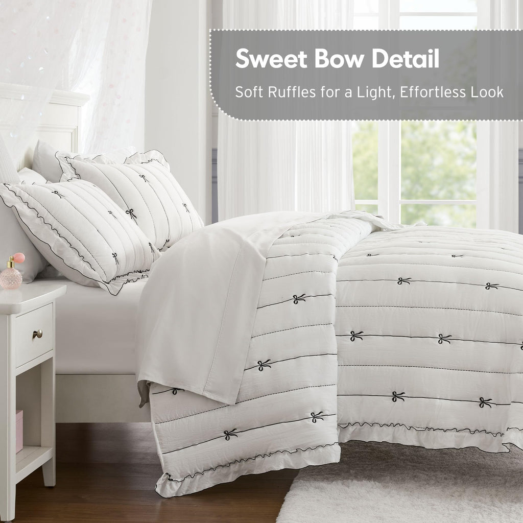 Bow Embroidered Ruffle Black Quilt Set, 3pc