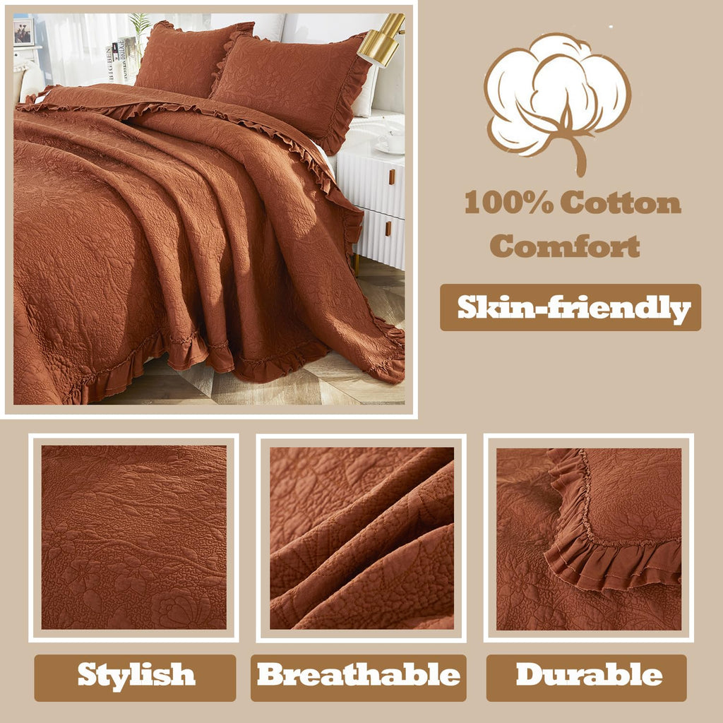 Quilt Set Cotton Luxury Farmhouse Comforter Set Burnt Orange Matelasse Coverlet Set Ruffle Bedspread 3-Piece