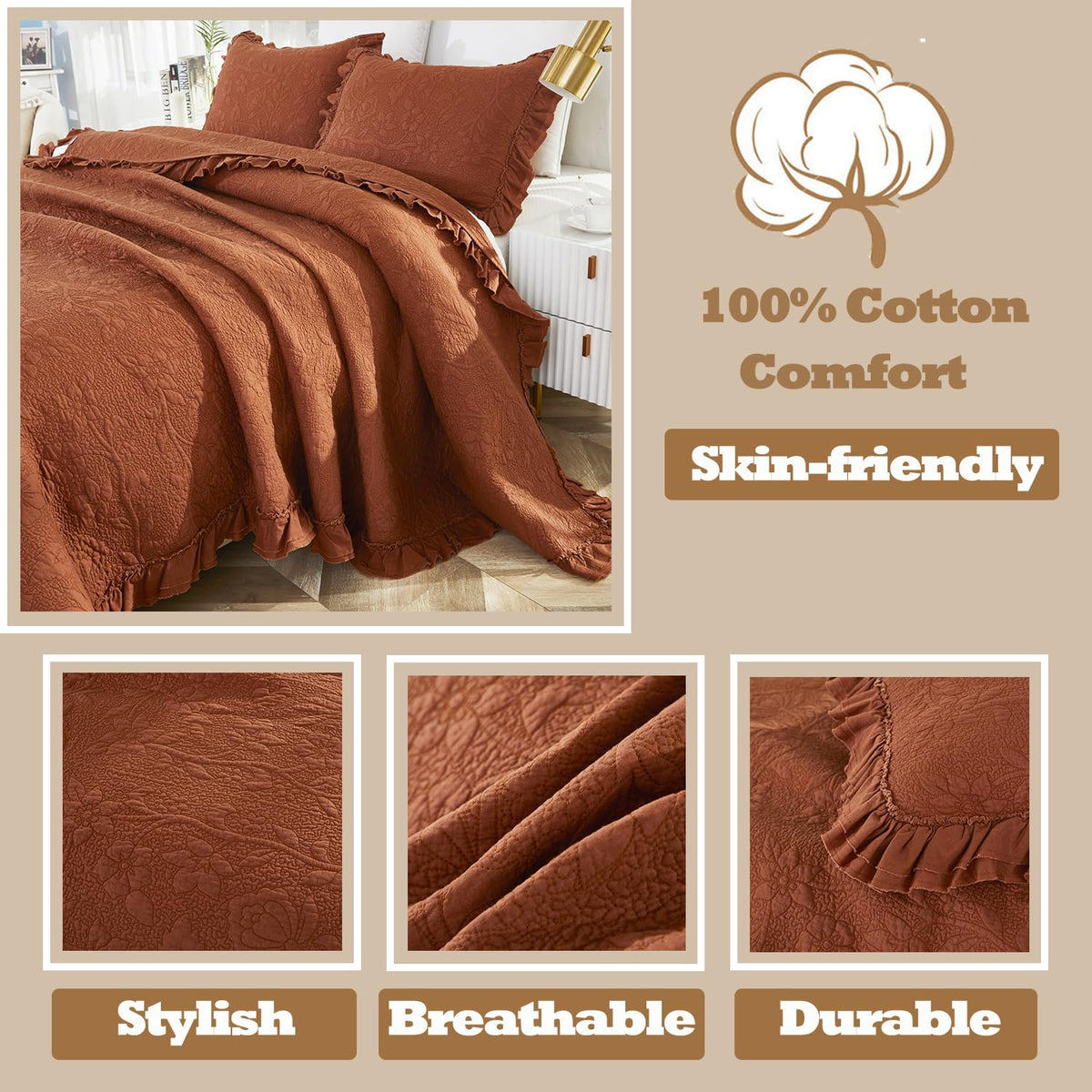 Quilt Set Cotton Luxury Farmhouse Comforter Set Burnt Orange Matelasse Coverlet Set Ruffle Bedspread 3-Piece
