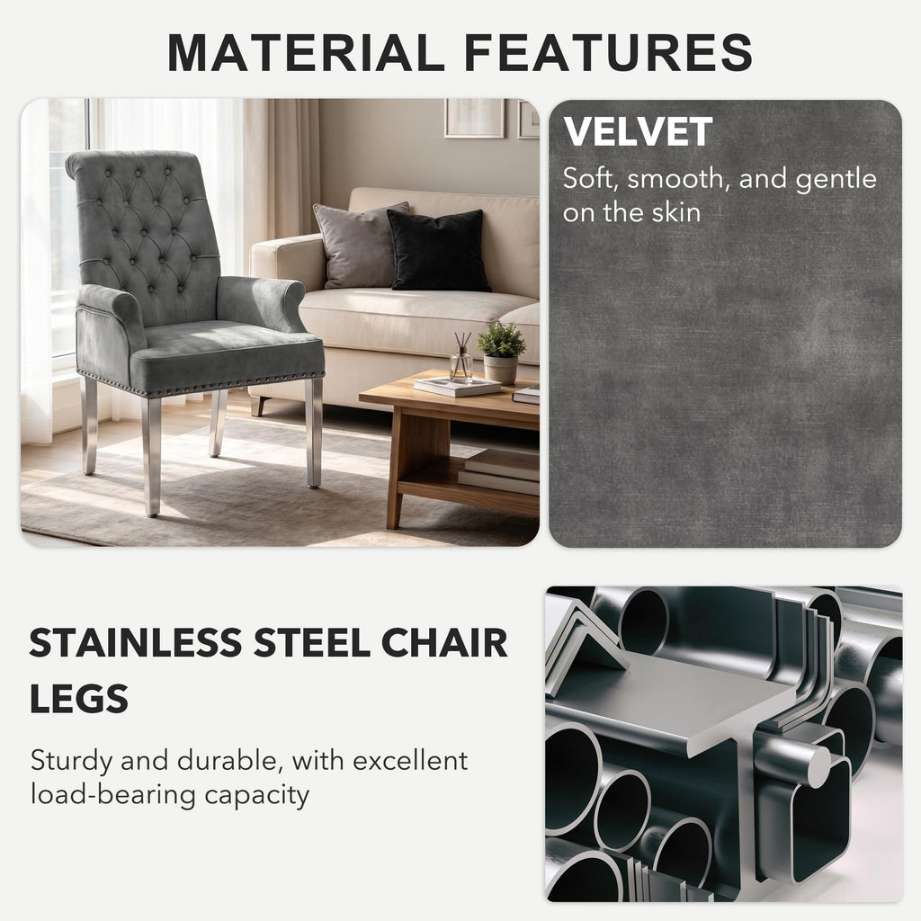 Velvet Dining Chairs Set of 2, Dining Chairs with Arms, Grey
