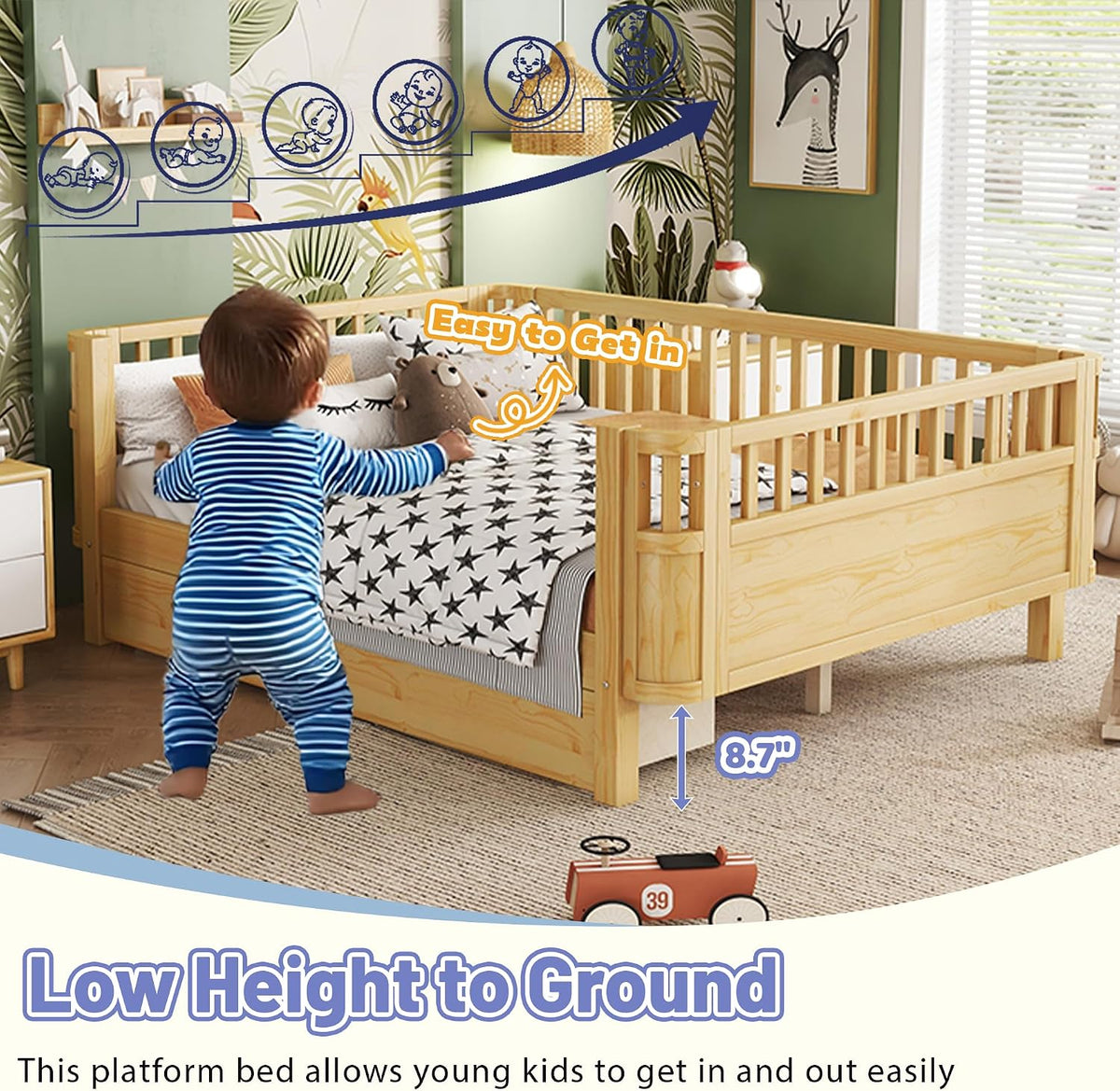 Bed Frame for Kids with Rails, Montessori Bed with Storage Drawers, Low Profile Platform Beds with Pine