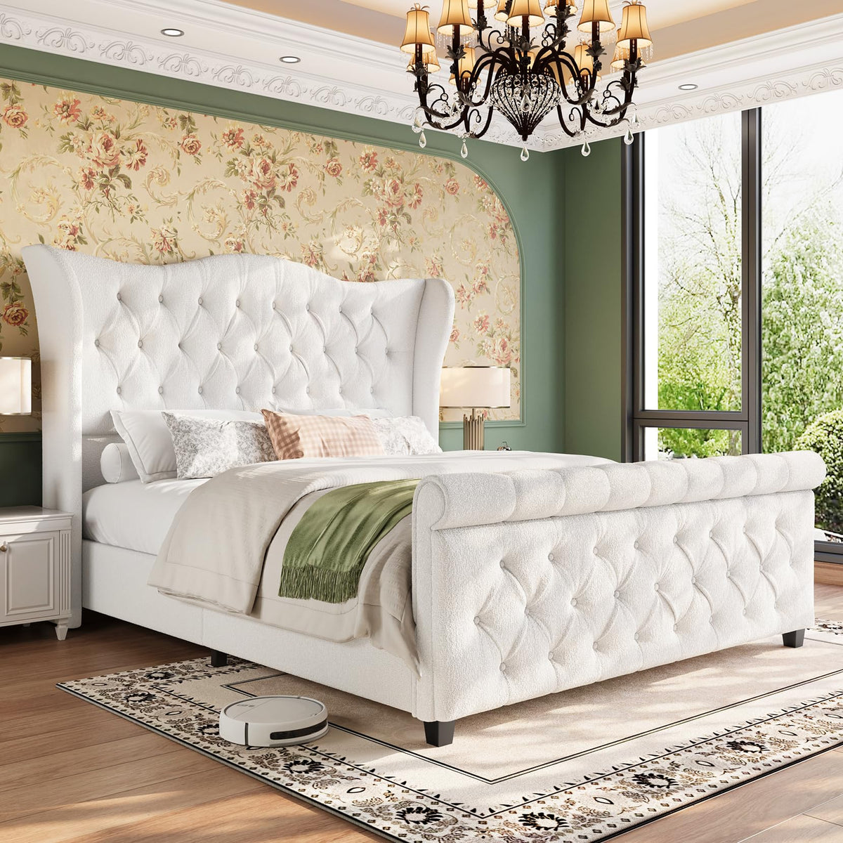 Bed Frame Upholstered Wingback Headboard Sleigh Footboard