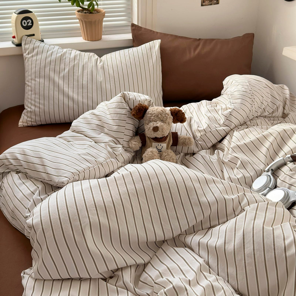 Vintage Striped Comforter Set 3-Piece Bed Set Brown&White