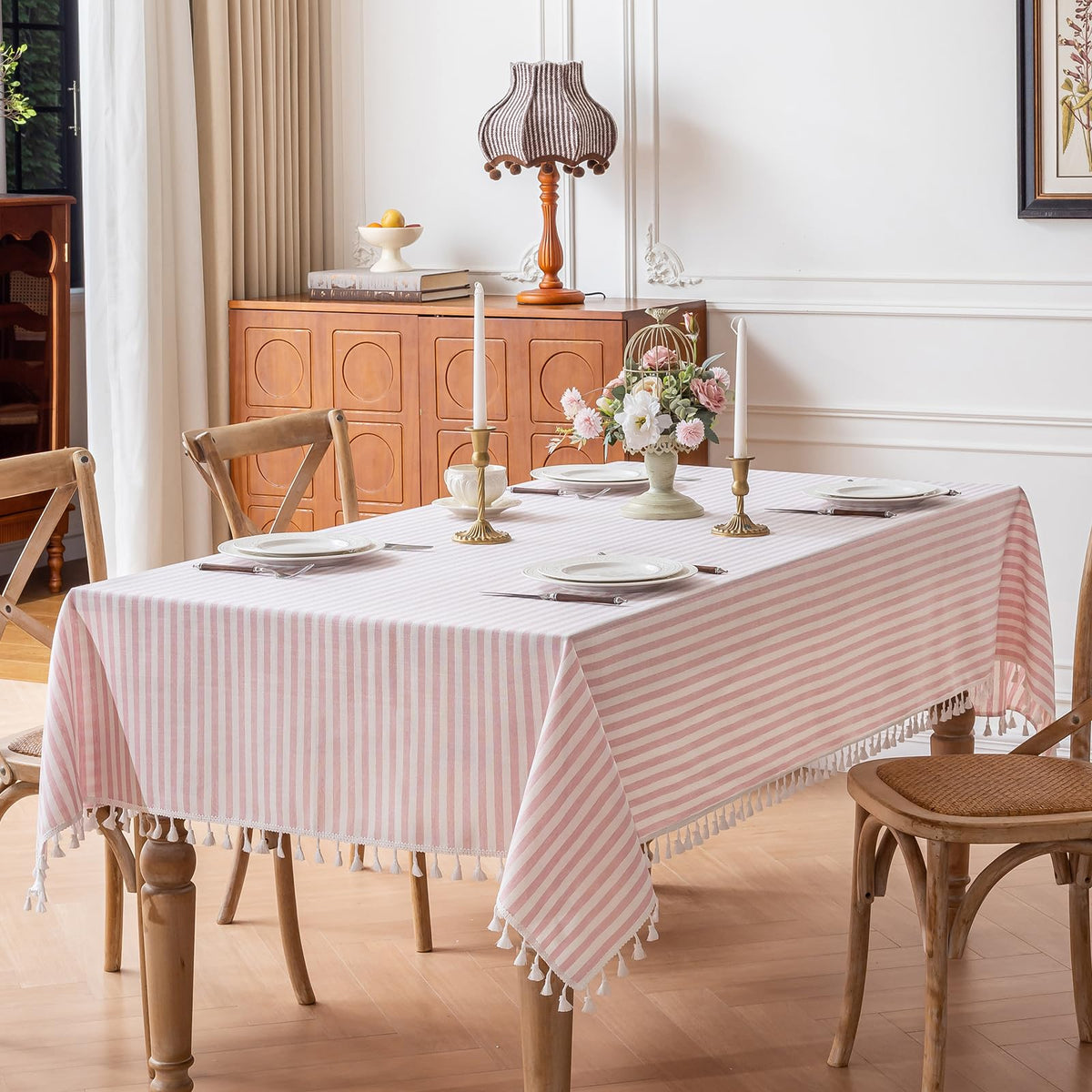 Pink Striped Tablecloth Rectangle 55 x 106 inch Cotton Linen Fabric
