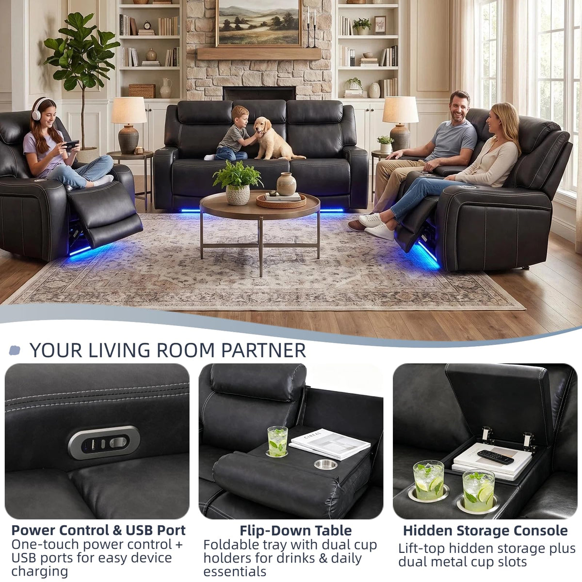 3 Piece Leather Power Reclining Sofa Set