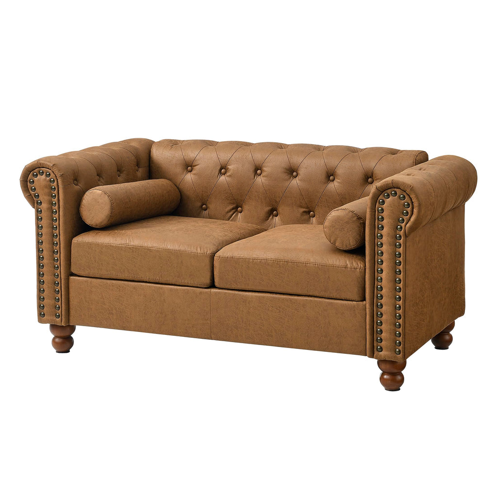 58" Brown Air Leather Chesterfield Loveseat, 2-Seater Sofa, Nailhead Trim