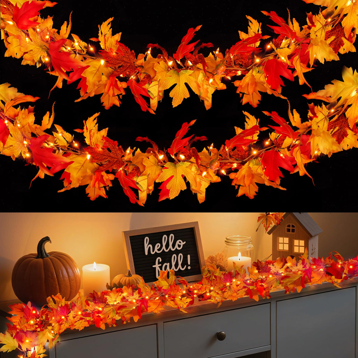 Fall Decorations 18 FT Pre-lit Fall Garland with 100 LED Orange Lights