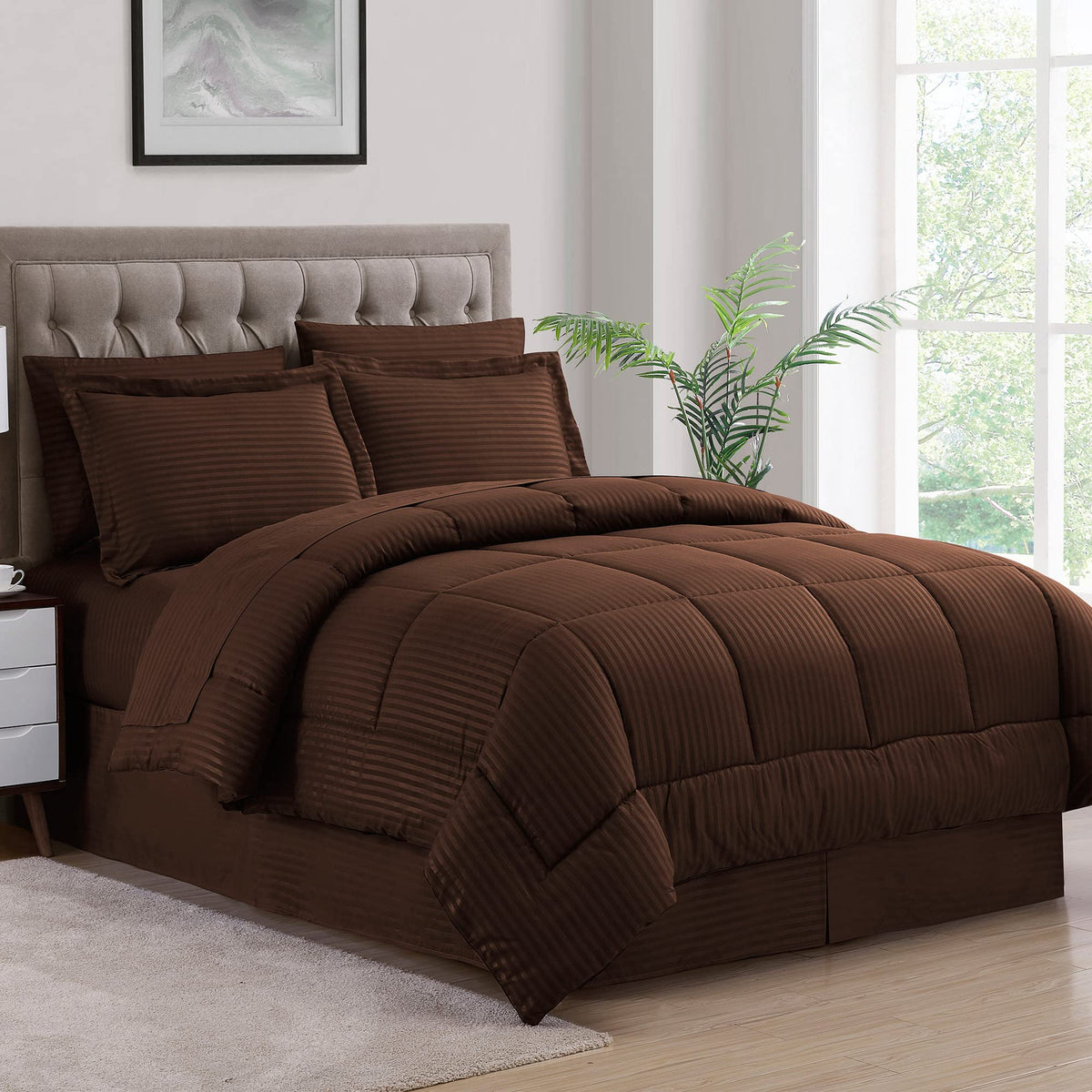 8 Piece Comforter Set Bag with Dobby Stripe Design, Bed Fitted, 1 Flat Sheet, 2 Pillowcases, 2 Shams, Chocolate