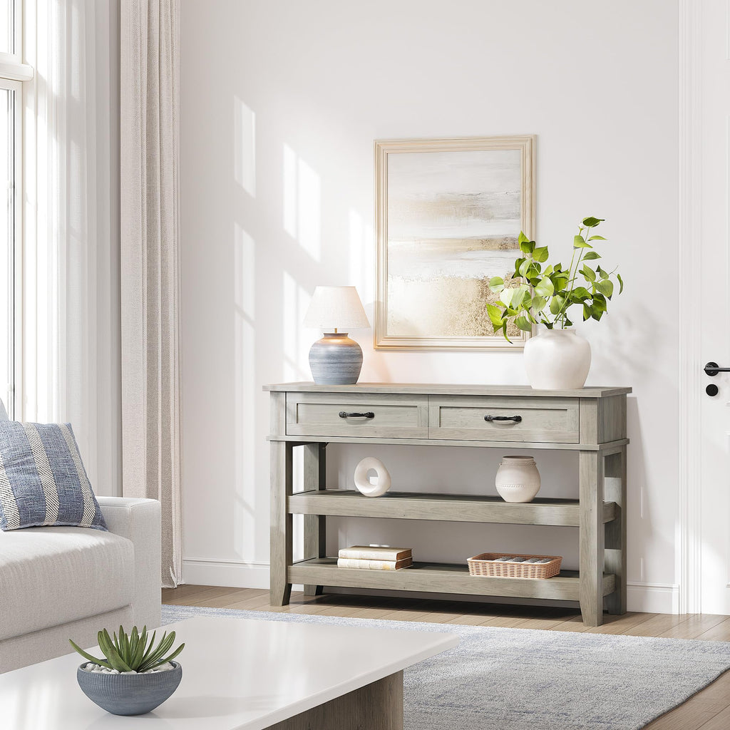 2 Drawers Entryway Table, Farmhouse Wooden Console Table, Grey