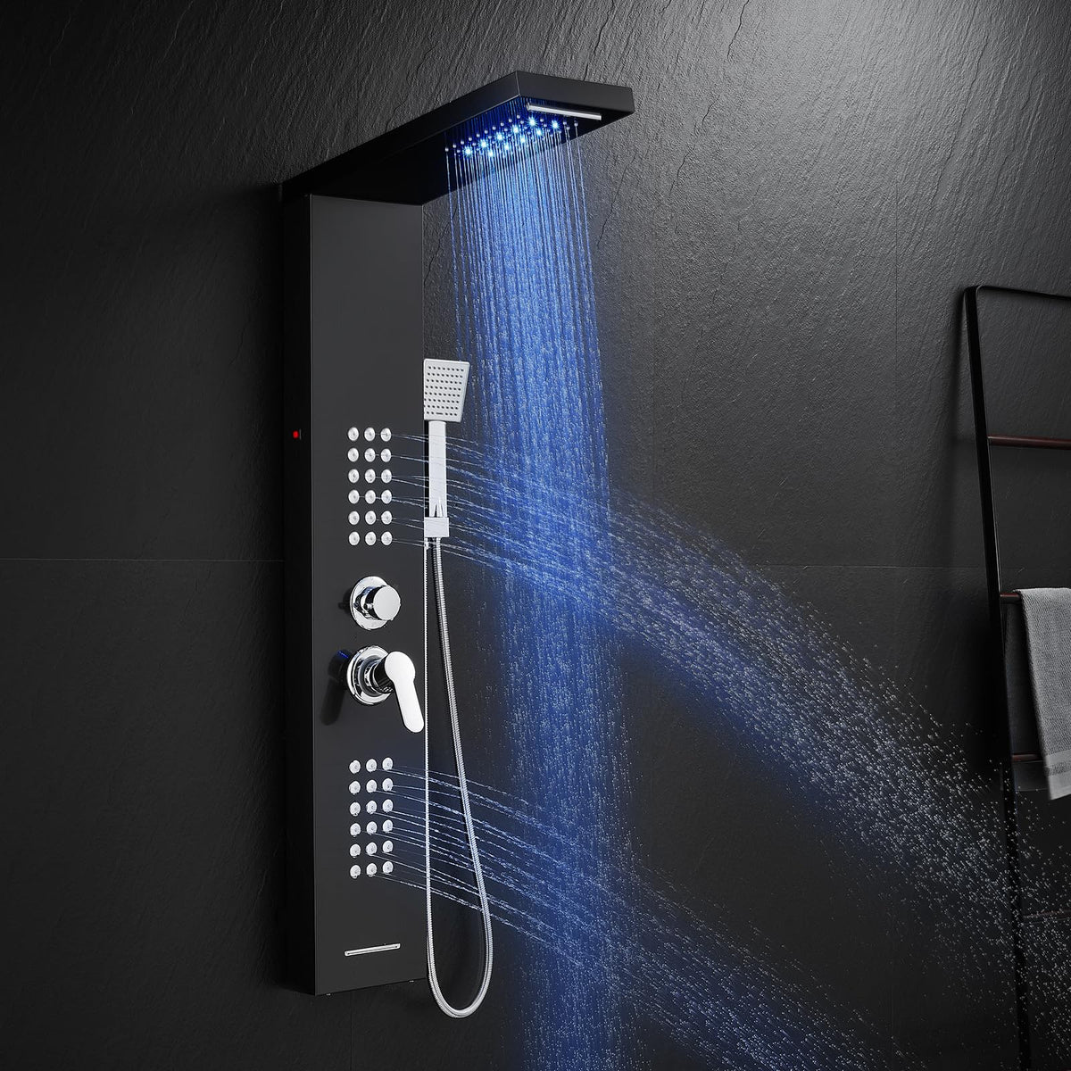 5 in 1 LED Rainfall Waterfall Shower Panel Tower System, Black