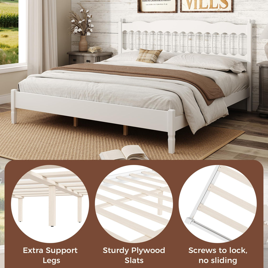 Farmhouse Wood Bed Frame with Spindle Headboard, White