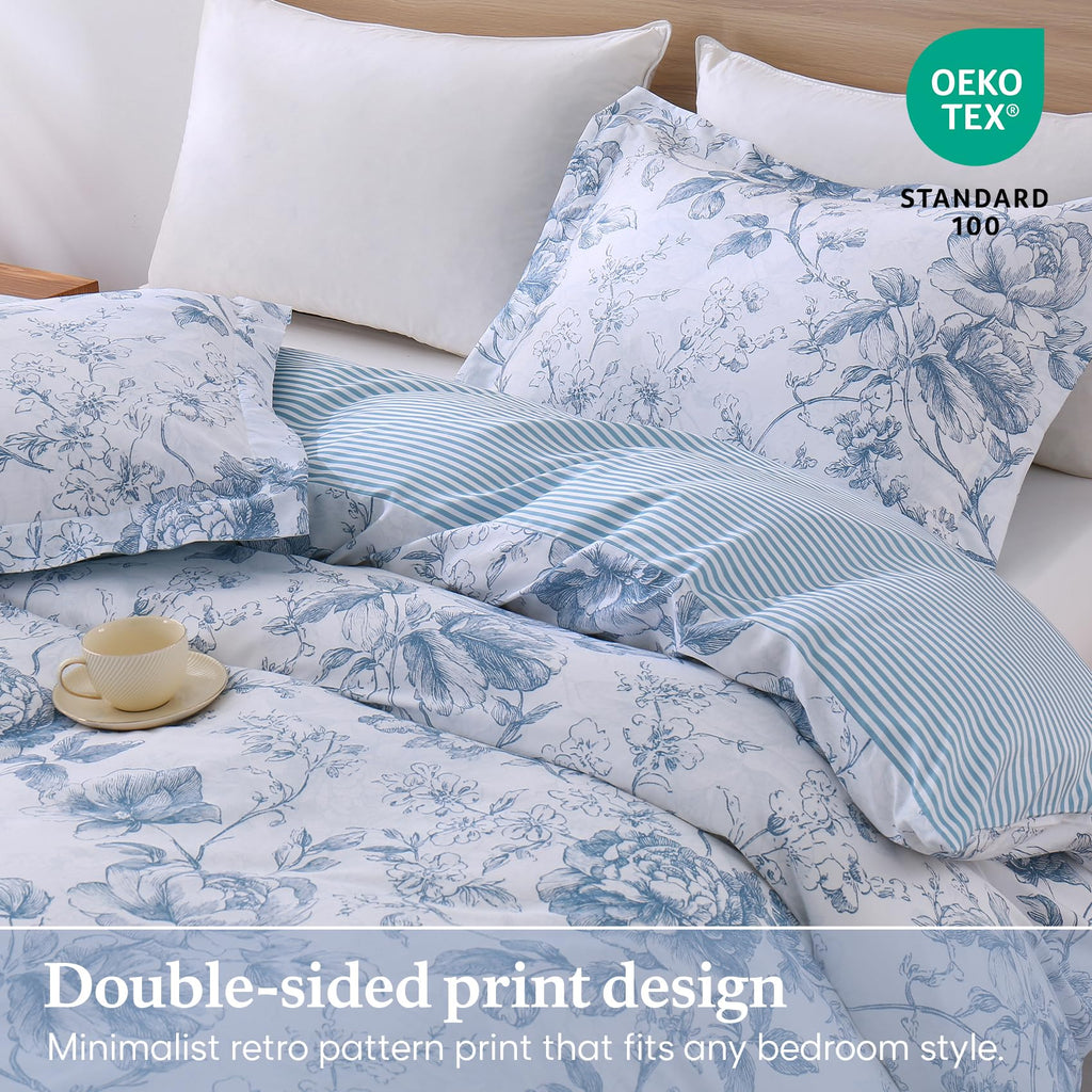 Blue Floral 100% Cotton Duvet Cover, Farmhouse Comforter Cover