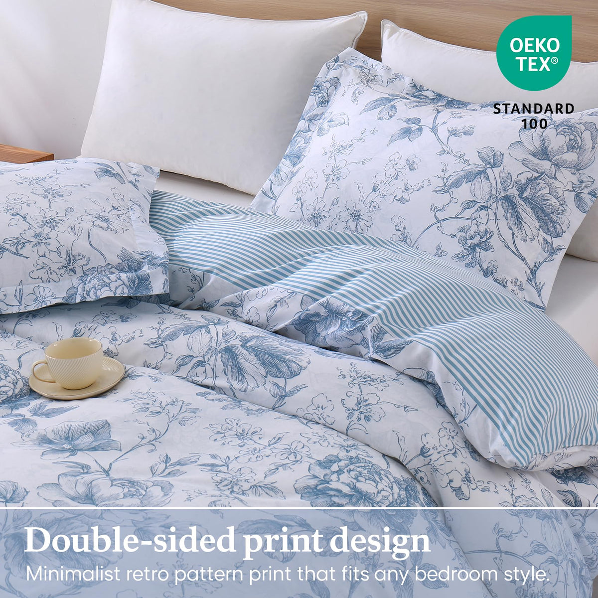 Blue Floral 100% Cotton Duvet Cover, Farmhouse Comforter Cover
