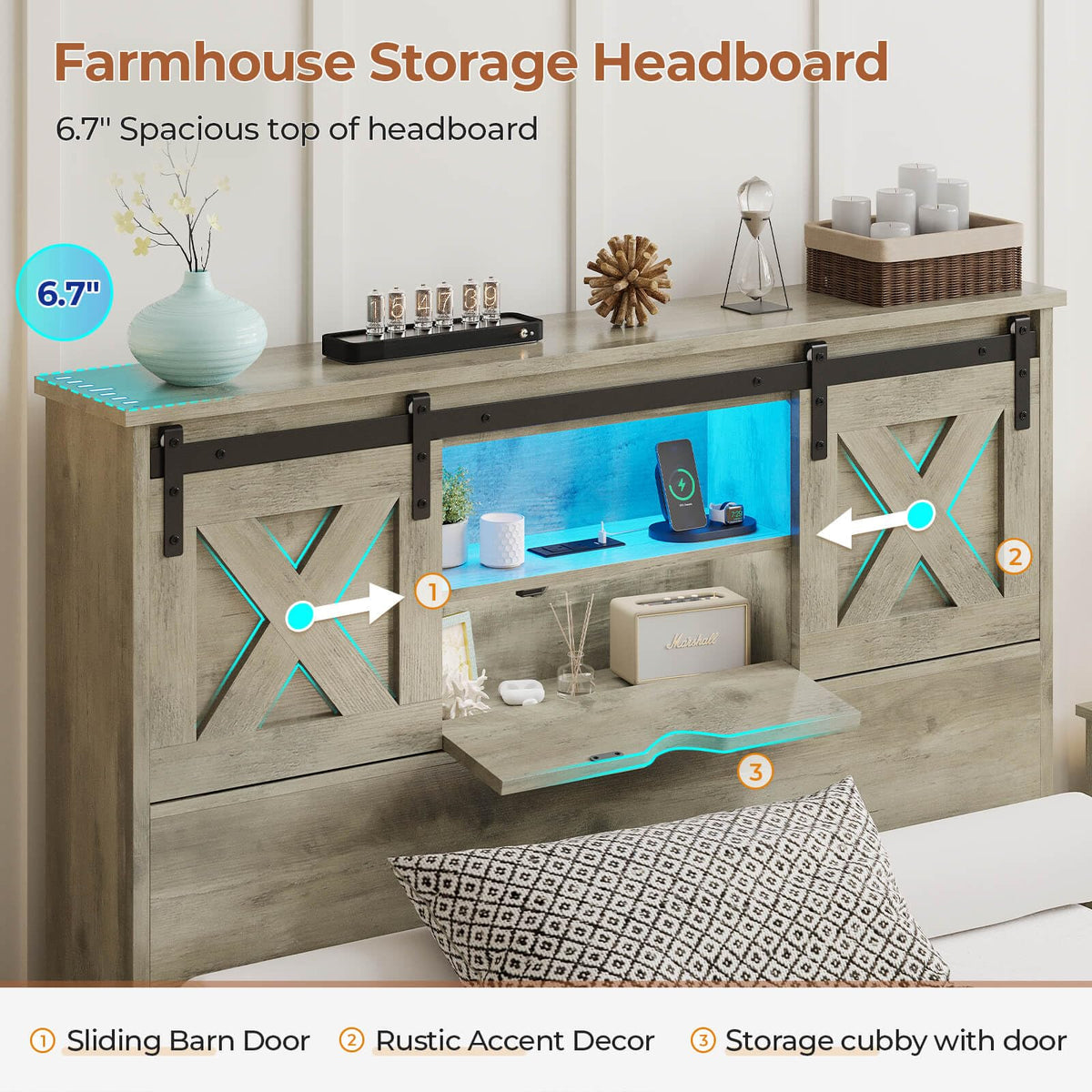 Farmhouse Bed Frame with 2 Storage Drawers, Wooden Platform Bed with LED Lights and Charging Station