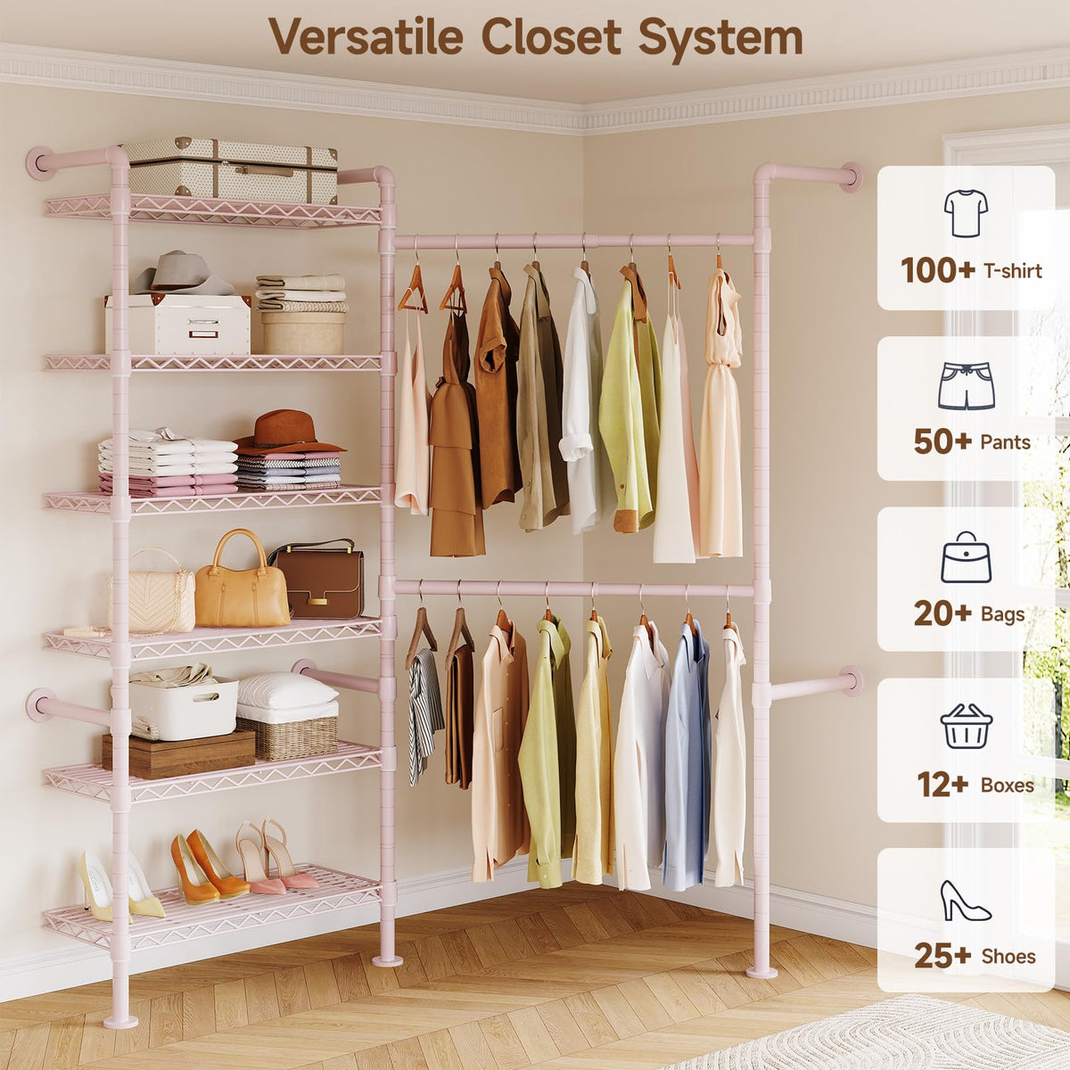 L2 Wall Mounted Closet System, Industrial Pipe Clothing Rack, Pink