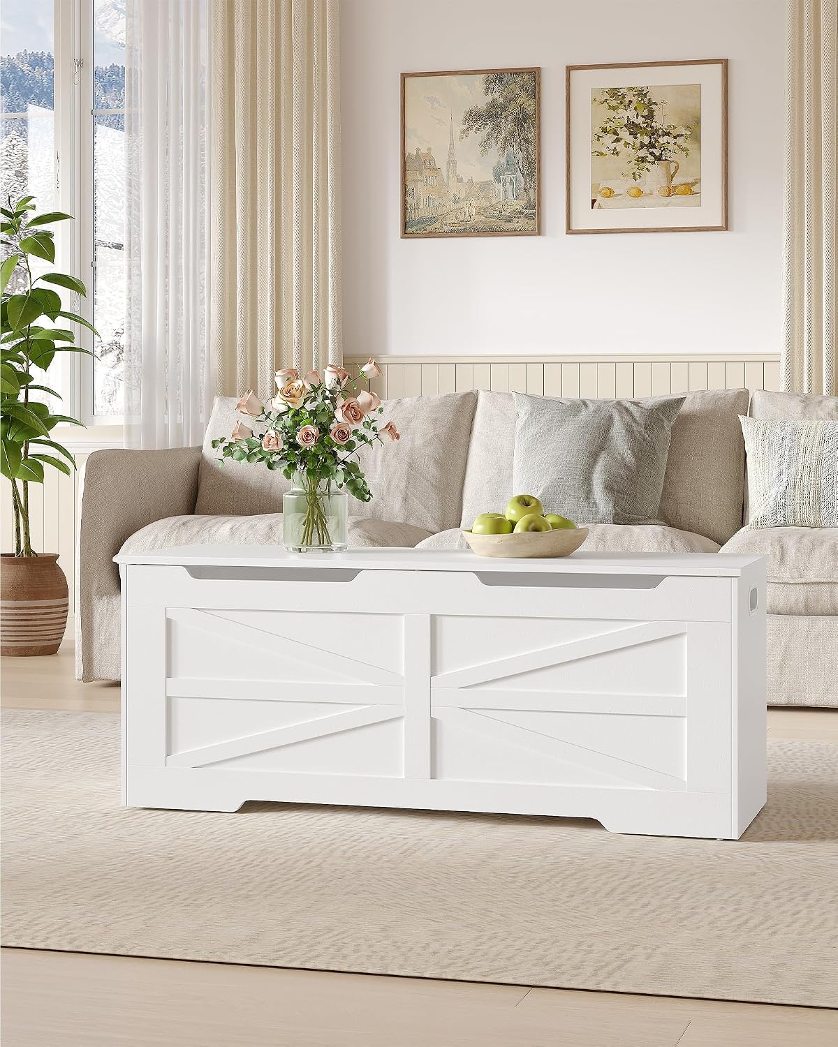 47" Large Storage Bench, 225L/59Gal FSC Wood Chest | Pure White | 330lb Seating | Double Hinges | Bedroom Blanket