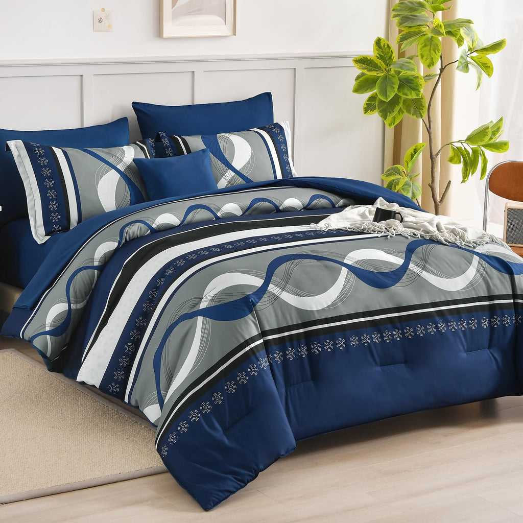 Comforter Set, Navy Blue Boho Bed in a Bag