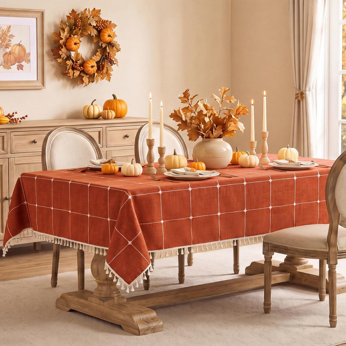 Fall Linen Rectangle Tablecloth with Tassel, 55 x 84 Inch