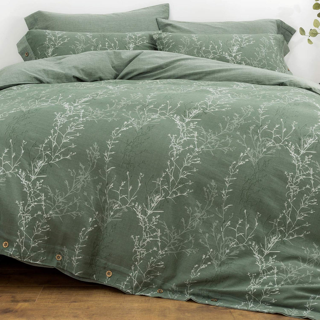 Duvet Cover Set King Size Washed Cotton Yarn, Jacquard Green and White Thin Branch Pattern Floral Style 3Piece