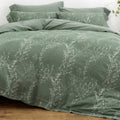 Duvet Cover Set King Size Washed Cotton Yarn, Jacquard Green and White Thin Branch Pattern Floral Style 3Piece