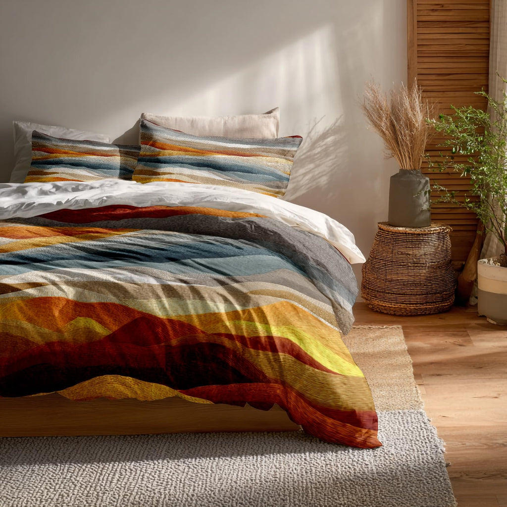 Horizontal Ochre Bands Duvet Cover Set, 3 Pieces Colorful Wave Like Landscape 100% Cotton Bedding Sets