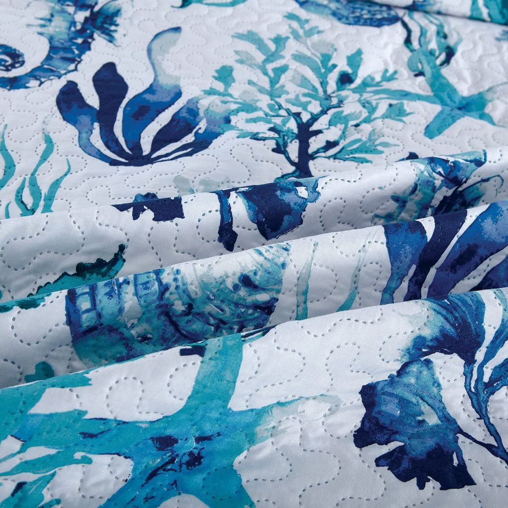 3 Pcs Summer Coastal Quilts Conch Seashell Coverlet Set Lightweight Beach Bedspreads Reversible Ocean