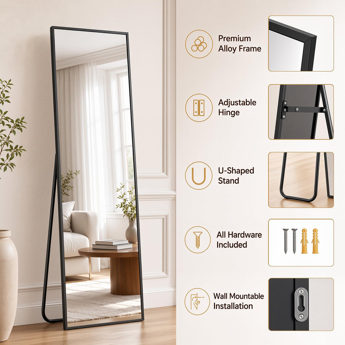Full Length Mirror, 71"x28" Floor Mirror with Stand, Black, Rect