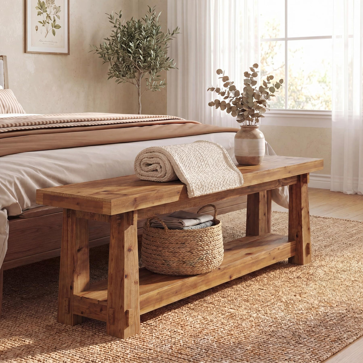 55'' Solid Wood Entryway Bench with Shoe Storage, Rustic Brown
