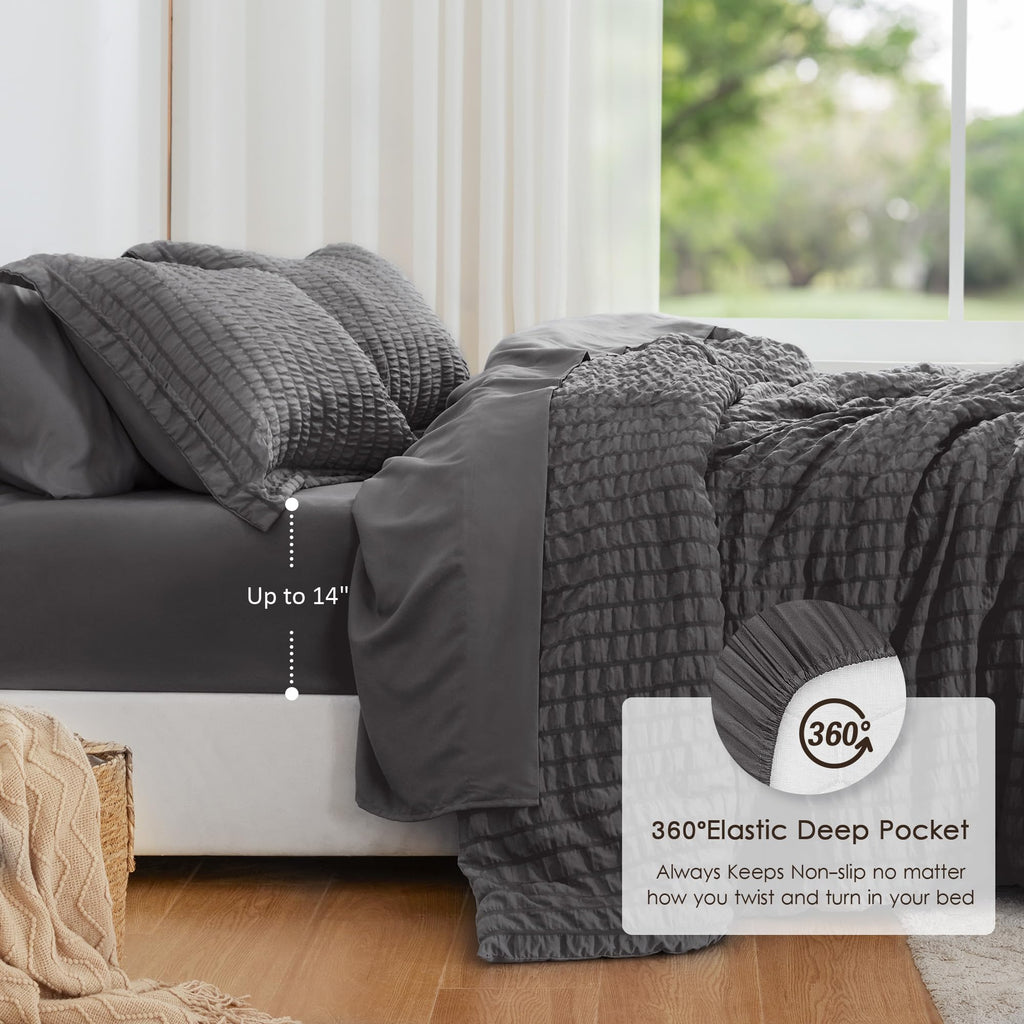 Seersucker Dark Grey California King Comforter Set, 7-Piece Bed in a Bag