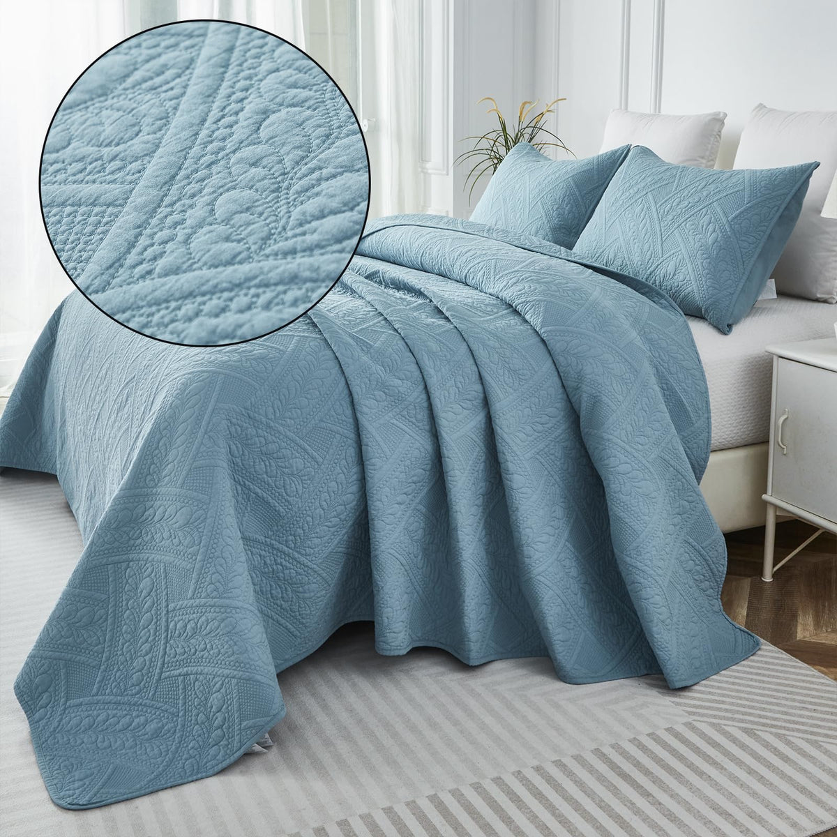 Queen Size Quilt Set Cotton Blue Matelasse Coverlet Set Elegant Quilted Bedding Set 3-Piece