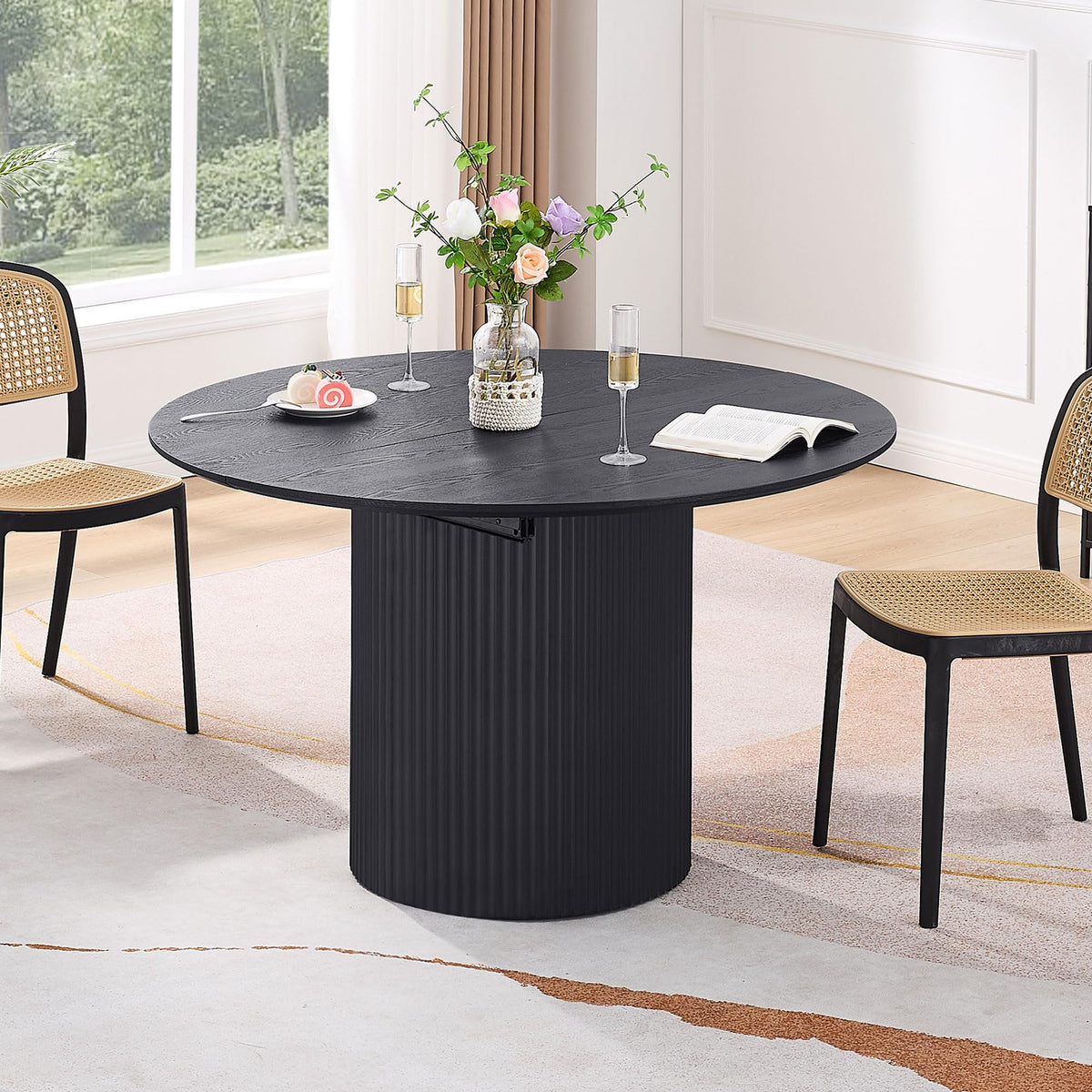 86.6'' Black Extendable Dining Table Oval Round Kitchen Table for 8, Modern Mid-Century Style, Easy Assembly, Black