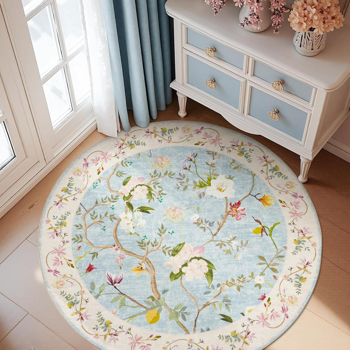 5ft Washable Round Area Rug, Soft Chinoiserie Floral, Blue/Pink