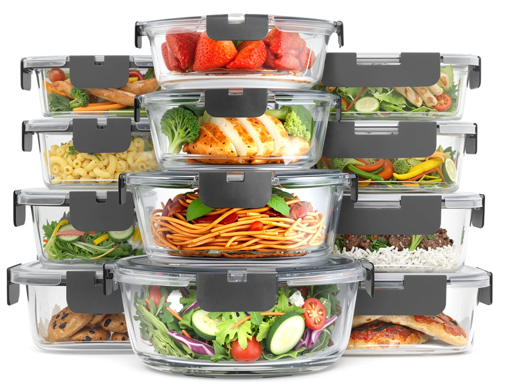 24 Pc Borosilicate Glass Meal Prep Containers with Lid,12 Pack, Grey