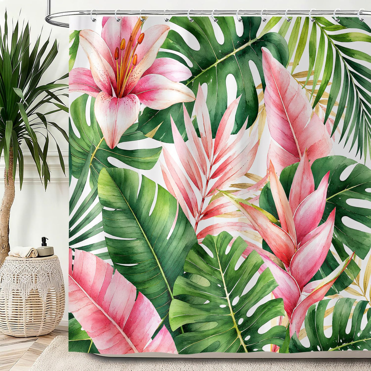 Pink and Green Tropical Shower Curtain, Botanical Palm Leaf Floral Boho Shower Curtains Set, Monstera Jungle Plant