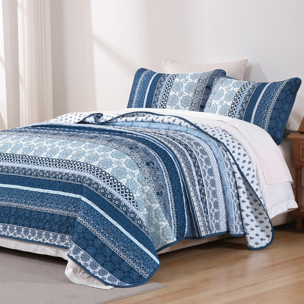 Boho Quilt Set, 3 Pcs Navy Blue Bedspread Covrtlet Set