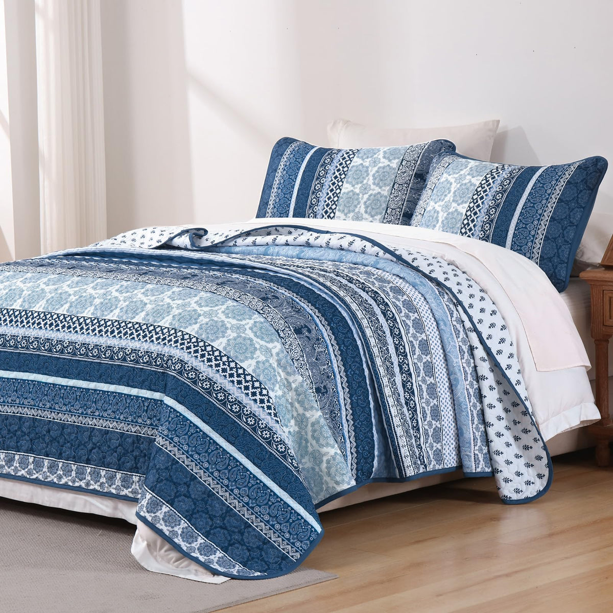 Boho Quilt Set, 3 Pcs Navy Blue Bedspread Covrtlet Set