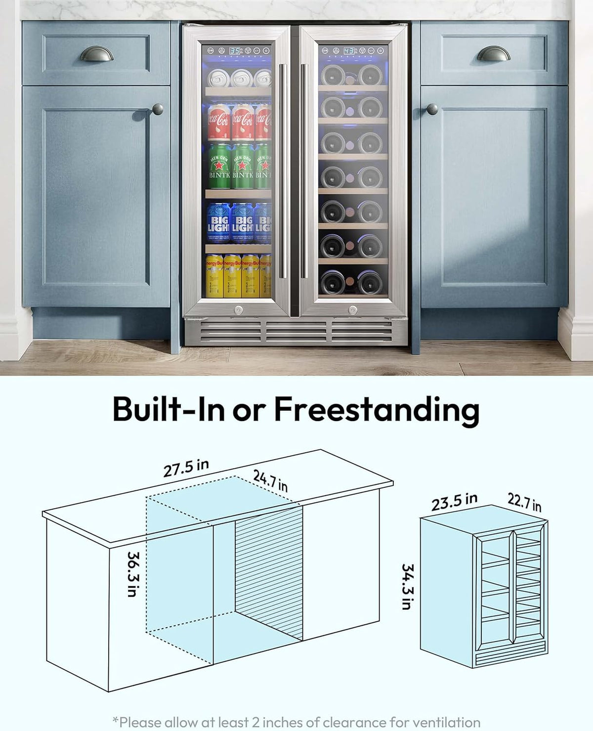Wine and Beverage Refrigerator, 24 Inch Dual Zone Wine Cooler with Glass Door Hold 21 Bottles and 88 Cans
