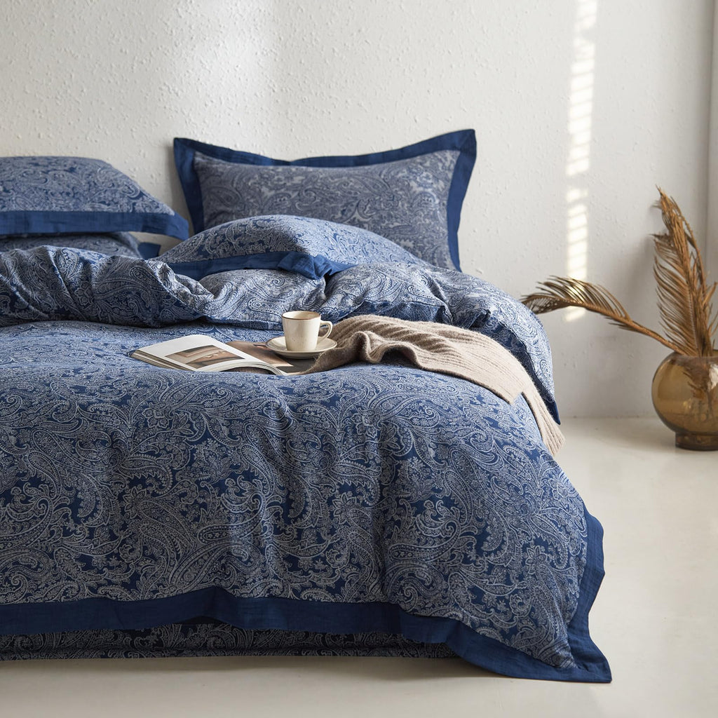 Navy Blue Duvet Cover Twin XL Vintage Boho Paisley Duvet Cover Exquisite Jacquard Bedding Set Cotton Linen Yarn-Dyed