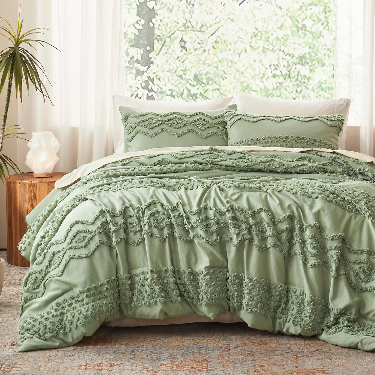 Sage Green Tufted Comforter Set, 3 Pieces King Boho Bedding Set