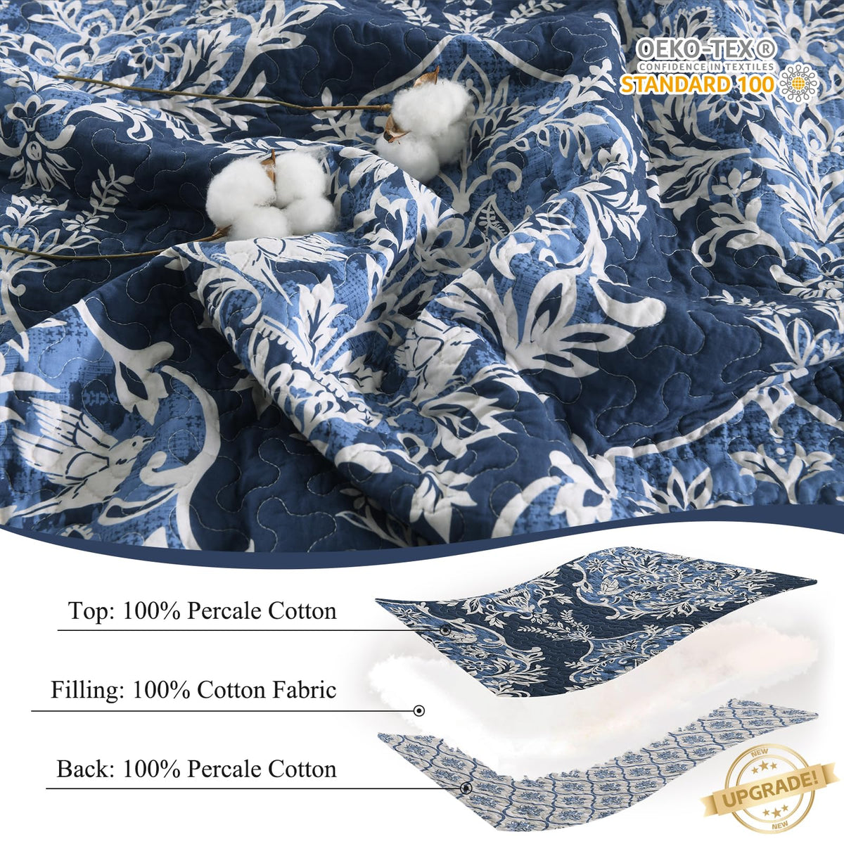 Quilts, Vintage Damask Floral Quilt Set, Navy/Beige