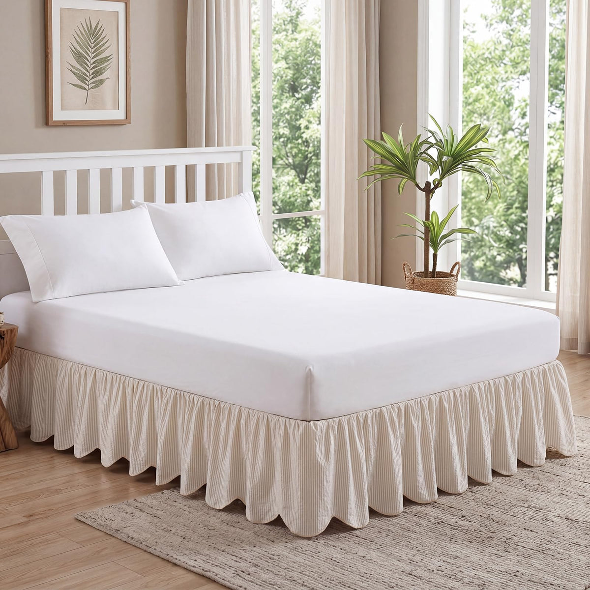 Striped Bed Skirt, 16" Drop, Scallop Dust Ruffle, Cream Ivory