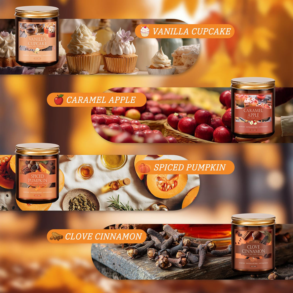 Fall Candles Set, 4 Pack Candles Scented Natural Soy Wax, Autumn Gifts Set for Women Men, Fall Fragrance of