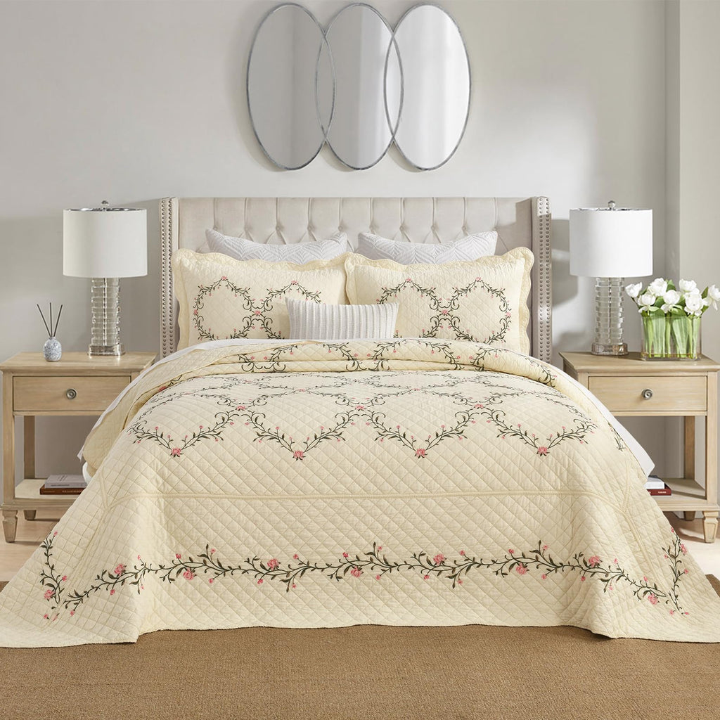 Embroidered Oversized Bedspread 100% Cotton Reversible Quilt