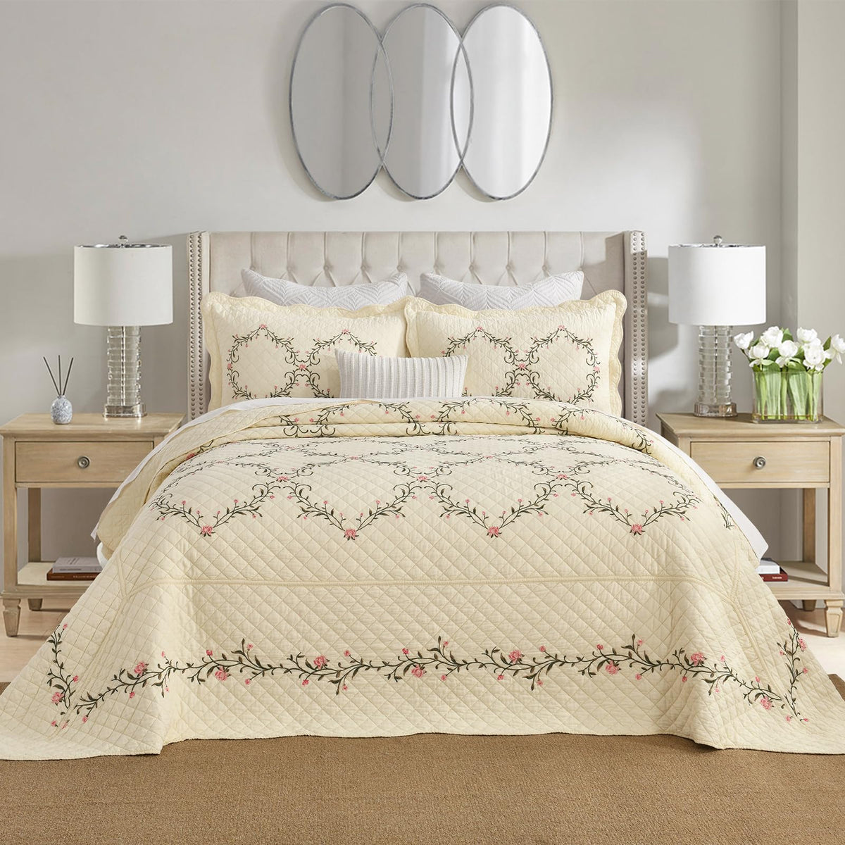 Embroidered Oversized Bedspread 100% Cotton Reversible Quilt