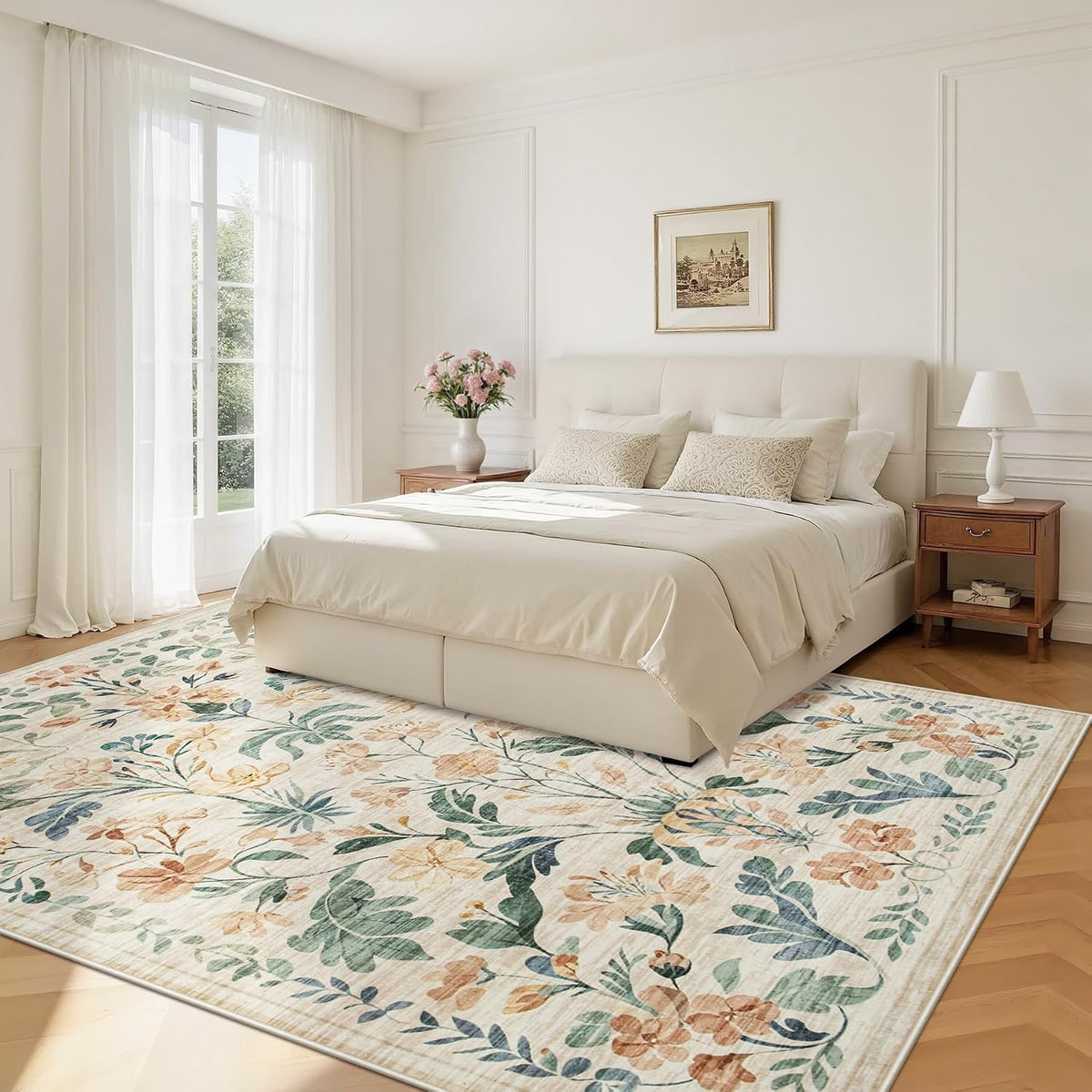 Area Rugs Boho Floral Washable Living Room Rug Neutral Carpet Nursery