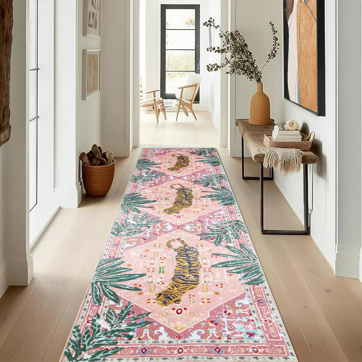 Oriental Tropical Hallway Runner Rug Washable, Thin Stain Resistant Pink Boho Runner Rug Kitchen Bedroom Laundry